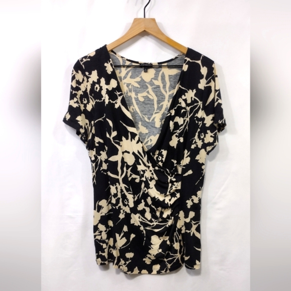 Talbots Floral Surplice Blouse Women's XL Black Cream Boho Retro 90s Y2K